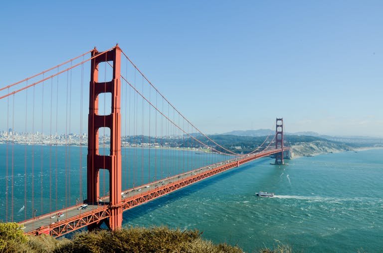 Iconic Golden Gate Bridge spanning the San Francisco Bay on a clear day.